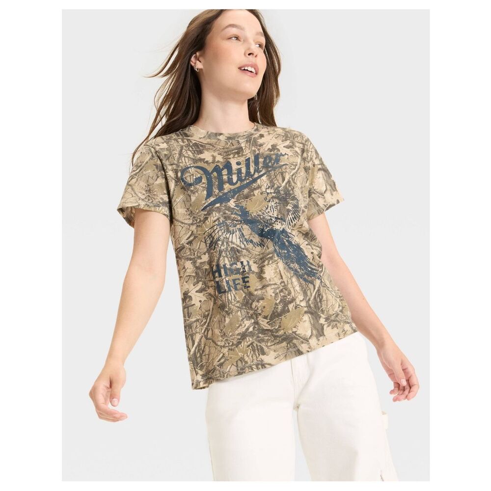 Miller High Life Graphic Camo Tee NWOT Tan with Navy Print Size Large